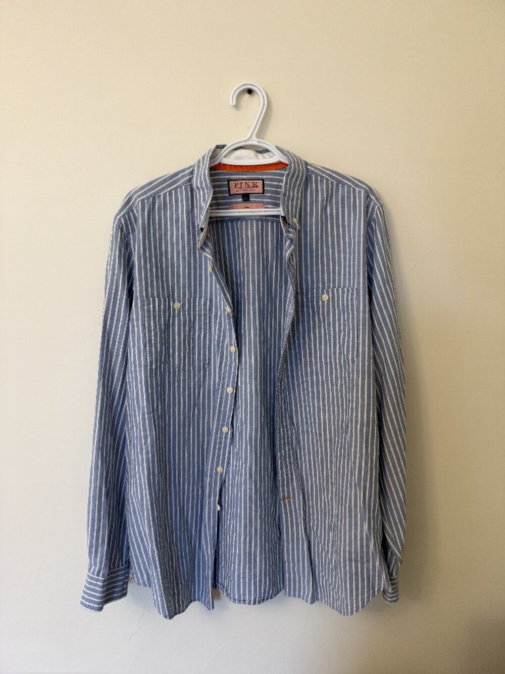 Thomas Pink Blue White Striped Cotton Casual Shirt Men's L